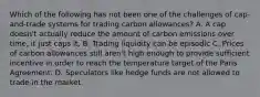 Which of the following has not been one of the challenges of cap-and-trade systems for trading carbon allowances? A. A cap doesn't actually reduce the amount of carbon emissions over time, it just caps it. B. Trading liquidity can be episodic C. Prices of carbon allowances still aren't high enough to provide sufficient incentive in order to reach the temperature target of the Paris Agreement. D. Speculators like hedge funds are not allowed to trade in the market.