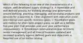 Which of the following is not one of the characteristics of a mature, well-developed supply strategy? a. ​A repeatable and well-defined process for building strategy and governance around defining, planning, managing, and receiving products and services for a business. b. ​Clear alignment with executive vision and internal user-specific business goals. c. ​Established goals and metrics for short-term project plans, as well as a definite five-year plan that provides year over year performance improvements. d. ​Established communication plan to inform senior management and all lines of business updated and reviewed quarterly against defined goals and objectives. e. ​Required use of an online catalog.