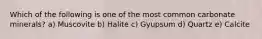 Which of the following is one of the most common carbonate minerals? a) Muscovite b) Halite c) Gyupsum d) Quartz e) Calcite