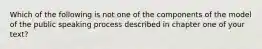 Which of the following is not one of the components of the model of the public speaking process described in chapter one of your text?