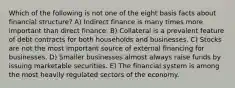 Which of the following is not one of the eight basis facts about financial structure? A) Indirect finance is many times more important than direct finance. B) Collateral is a prevalent feature of debt contracts for both households and businesses. C) Stocks are not the most important source of external financing for businesses. D) Smaller businesses almost always raise funds by issuing marketable securities. E) The financial system is among the most heavily regulated sectors of the economy.