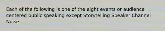 Each of the following is one of the eight events or audience centered public speaking except Storytelling Speaker Channel Noise