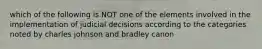 which of the following is NOT one of the elements involved in the implementation of judicial decisions according to the categories noted by charles johnson and bradley canon