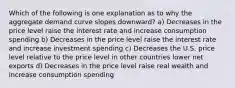 Which of the following is one explanation as to why the aggregate demand curve slopes downward? a) Decreases in the price level raise the interest rate and increase consumption spending b) Decreases in the price level raise the interest rate and increase investment spending c) Decreases the U.S. price level relative to the price level in other countries lower net exports d) Decreases in the price level raise real wealth and increase consumption spending