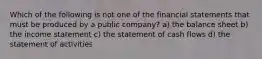 Which of the following is not one of the financial statements that must be produced by a public company? a) the balance sheet b) the income statement c) the statement of cash flows d) the statement of activities