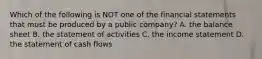 Which of the following is NOT one of the financial statements that must be produced by a public​ company? A. the balance sheet B. the statement of activities C. the income statement D. the statement of cash flows