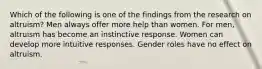 Which of the following is one of the findings from the research on altruism? Men always offer more help than women. For men, altruism has become an instinctive response. Women can develop more intuitive responses. Gender roles have no effect on altruism.