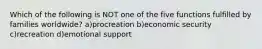 Which of the following is NOT one of the five functions fulfilled by families worldwide? a)procreation b)economic security c)recreation d)emotional support