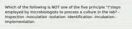 Which of the following is NOT one of the five principle "I"steps employed by microbiologists to process a culture in the lab? -Inspection -Inoculation -Isolation -Identification -Incubation -Implementation