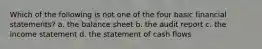 Which of the following is not one of the four basic financial statements? a. the balance sheet b. the audit report c. the income statement d. the statement of cash flows