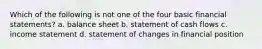 Which of the following is not one of the four basic financial statements? a. balance sheet b. statement of cash flows c. income statement d. statement of changes in financial position