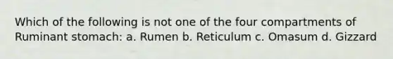 Which of the following is not one of the four compartments of Ruminant stomach: a. Rumen b. Reticulum c. Omasum d. Gizzard