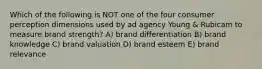 Which of the following is NOT one of the four consumer perception dimensions used by ad agency Young & Rubicam to measure brand strength? A) brand differentiation B) brand knowledge C) brand valuation D) brand esteem E) brand relevance