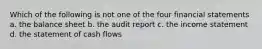 Which of the following is not one of the four financial statements a. the balance sheet b. the audit report c. the income statement d. the statement of cash flows