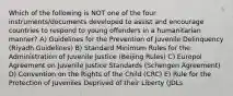 Which of the following is NOT one of the four instruments/documents developed to assist and encourage countries to respond to young offenders in a humanitarian manner? A) Guidelines for the Prevention of Juvenile Delinquency (Riyadh Guidelines) B) Standard Minimum Rules for the Administration of Juvenile Justice (Beijing Rules) C) Europol Agreement on Juvenile Justice Standards (Schengen Agreement) D) Convention on the Rights of the Child (CRC) E) Rule for the Protection of Juveniles Deprived of their Liberty (JDLs