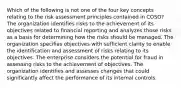 Which of the following is not one of the four key concepts relating to the risk assessment principles contained in COSO? The organization identifies risks to the achievement of its objectives related to financial reporting and analyzes those risks as a basis for determining how the risks should be managed. The organization specifies objectives with sufficient clarity to enable the identification and assessment of risks relating to its objectives. The enterprise considers the potential for fraud in assessing risks to the achievement of objectives. The organization identifies and assesses changes that could significantly affect the performance of its internal controls.