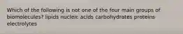 Which of the following is not one of the four main groups of biomolecules? lipids nucleic acids carbohydrates proteins electrolytes