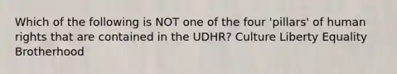 Which of the following is NOT one of the four 'pillars' of human rights that are contained in the UDHR? Culture Liberty Equality Brotherhood