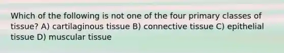 Which of the following is not one of the four primary classes of tissue? A) cartilaginous tissue B) connective tissue C) epithelial tissue D) muscular tissue