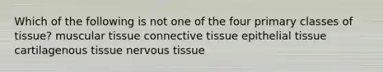 Which of the following is not one of the four primary classes of tissue? muscular tissue connective tissue epithelial tissue cartilagenous tissue nervous tissue