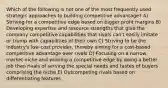 Which of the following is not one of the most frequently used strategic approaches to building competitive advantage? A) Striving for a competitive edge based on bigger profit margins B) Developing expertise and resource strengths that give the company competitive capabilities that rivals can't easily imitate or trump with capabilities of their own C) Striving to be the industry's low-cost provider, thereby aiming for a cost-based competitive advantage over rivals D) Focusing on a narrow market niche and winning a competitive edge by doing a better job than rivals of serving the special needs and tastes of buyers comprising the niche E) Outcompeting rivals based on differentiating features