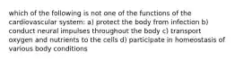 which of the following is not one of the functions of the cardiovascular system: a) protect the body from infection b) conduct neural impulses throughout the body c) transport oxygen and nutrients to the cells d) participate in homeostasis of various body conditions