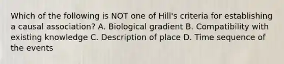 Which of the following is NOT one of Hill's criteria for establishing a causal association? A. Biological gradient B. Compatibility with existing knowledge C. Description of place D. Time sequence of the events