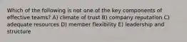 Which of the following is not one of the key components of effective teams? A) climate of trust B) company reputation C) adequate resources D) member flexibility E) leadership and structure