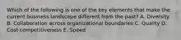 Which of the following is one of the key elements that make the current business landscape different from the past? A. Diversity B. Collaboration across organizational boundaries C. Quality D. Cost competitiveness E. Speed