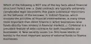 Which of the following is NOT one of the key facts about financial structure? Select one: a. Debt contracts are typically extremely complicated legal documents that place substantial restrictions on the behavior of the borrower. b. Indirect finance, which involves the activities of financial intermediaries, is many times more important than direct finance in which businesses raise funds directly from lenders in financial markets. c. Collateral is a prevalent feature of debt contracts for both households and businesses. d. New security issues (i.e. firm issue stocks or bonds) is the most important source of external funds to finance businesses.