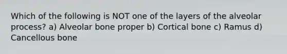 Which of the following is NOT one of the layers of the alveolar process? a) Alveolar bone proper b) Cortical bone c) Ramus d) Cancellous bone