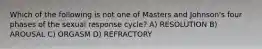 Which of the following is not one of Masters and Johnson's four phases of the sexual response cycle? A) RESOLUTION B) AROUSAL C) ORGASM D) REFRACTORY