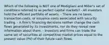 Which of the following is NOT one of Modigliani and Miller's set of conditions referred to as perfect capital markets? - All investors hold the efficient portfolio of assets. - There are no taxes, transaction costs, or issuance costs associated with security trading. - A firm's financing decisions neither change the cash flows generated by its investments, nor do they reveal new information about them. - Investors and firms can trade the same set of securities at competitive market prices equal to the present value (PV) of their future cash flows.