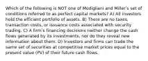 Which of the following is NOT one of Modigliani and Millerʹs set of conditions referred to as perfect capital markets? A) All investors hold the efficient portfolio of assets. B) There are no taxes, transaction costs, or issuance costs associated with security trading. C) A firmʹs financing decisions neither change the cash flows generated by its investments, nor do they reveal new information about them. D) Investors and firms can trade the same set of securities at competitive market prices equal to the present value (PV) of their future cash flows.