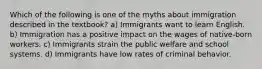 Which of the following is one of the myths about immigration described in the textbook? a) Immigrants want to learn English. b) Immigration has a positive impact on the wages of native-born workers. c) Immigrants strain the public welfare and school systems. d) Immigrants have low rates of criminal behavior.