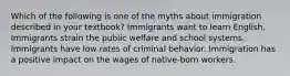 Which of the following is one of the myths about immigration described in your textbook?​ ​Immigrants want to learn English. ​Immigrants strain the public welfare and school systems. ​Immigrants have low rates of criminal behavior. ​Immigration has a positive impact on the wages of native-born workers.