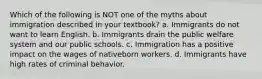 Which of the following is NOT one of the myths about immigration described in your textbook? a. Immigrants do not want to learn English. b. Immigrants drain the public welfare system and our public schools. c. Immigration has a positive impact on the wages of nativeborn workers. d. Immigrants have high rates of criminal behavior.