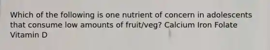 Which of the following is one nutrient of concern in adolescents that consume low amounts of fruit/veg? Calcium Iron Folate Vitamin D