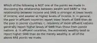 Which of the following is NOT one of the points we made In discussing the relationship between wealth and SWB? a. the relationship between income and SWB is stronger at lower levels of income, and weaker at higher levels of income. b. in general, the poor in affluent countries report lower levels of SWB than do the poor in poorer countries. c. residents of more affluent nations generally report higher levels of SWB than those from poorer nations. d. in affluent countries, the extremely wealthy tend to report higher SWB than do the merely wealthy. e. all of the above ARE points we made.