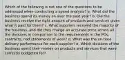 Which of the following is not one of the questions to be addressed when conducting a spend analysis? a. What did the business spend its money on over the past year? b. Did the business receive the right amount of products and services given what it paid for them? c. What suppliers received the majority of the business, and did they charge an accurate price across all the divisions in comparison to the requirements in the POs, contracts, nad statements of work? d. What was the on-time delivery performance for each supplier? e. Which divisions of the business spent their money on products and services that were correctly budgeted for?