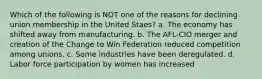 Which of the following is NOT one of the reasons for declining union membership in the United Staes? a. The economy has shifted away from manufacturing. b. The AFL-CIO merger and creation of the Change to Win Federation reduced competition among unions. c. Some industries have been deregulated. d. Labor force participation by women has increased