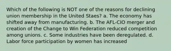 Which of the following is NOT one of the reasons for declining union membership in the United Staes? a. The economy has shifted away from manufacturing. b. The AFL-CIO merger and creation of the Change to Win Federation reduced competition among unions. c. Some industries have been deregulated. d. Labor force participation by women has increased