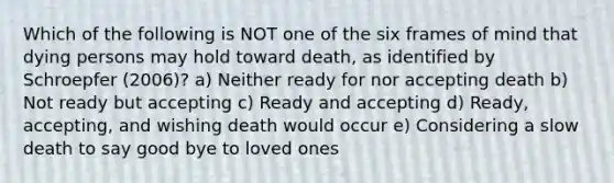 Which of the following is NOT one of the six frames of mind that dying persons may hold toward death, as identified by Schroepfer (2006)? a) Neither ready for nor accepting death b) Not ready but accepting c) Ready and accepting d) Ready, accepting, and wishing death would occur e) Considering a slow death to say good bye to loved ones