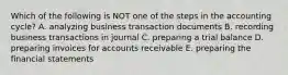 Which of the following is NOT one of the steps in the accounting cycle? A. analyzing business transaction documents B. recording business transactions in journal C. preparing a trial balance D. preparing invoices for accounts receivable E. preparing the financial statements