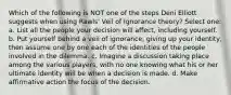 Which of the following is NOT one of the steps Deni Elliott suggests when using Rawls' Veil of Ignorance theory? Select one: a. List all the people your decision will affect, including yourself. b. Put yourself behind a veil of ignorance, giving up your identity, then assume one by one each of the identities of the people involved in the dilemma. c. Imagine a discussion taking place among the various players, with no one knowing what his or her ultimate identity will be when a decision is made. d. Make affirmative action the focus of the decision.