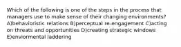 Which of the following is one of the steps in the process that managers use to make sense of their changing environments? A)behavioristic relations B)perceptual re-engagement C)acting on threats and opportunities D)creating strategic windows E)enviormental laddering