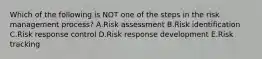 Which of the following is NOT one of the steps in the risk management process? A.Risk assessment B.Risk identification C.Risk response control D.Risk response development E.Risk tracking