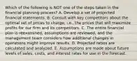 Which of the following is NOT one of the steps taken in the financial planning process? A. Develop a set of projected financial statements. B. Consult with key competitors about the optimal set of prices to charge, i.e., the prices that will maximize profits for our firm and its competitors. C. The entire financial plan is reexamined, assumptions are reviewed, and the management team considers how additional changes in operations might improve results. D. Projected ratios are calculated and analyzed. E. Assumptions are made about future levels of sales, costs, and interest rates for use in the forecast.