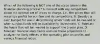 Which of the following is NOT one of the steps taken in the financial planning process? A. Consult with key competitors about the optimal set of prices to charge, i.e., the prices that will maximize profits for our firm and its competitors. B. Develop a cash budget for use in determining when funds will be needed or when surplus funds will be available for investment. C. Forecast the funds that will be needed to support the 5-year plan. D. Forecast financial statements and use these projections to analyze the likely effects of the operating plan on profits and various financial ratios.