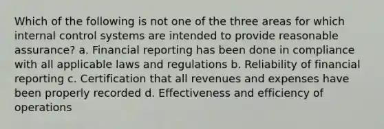 Which of the following is not one of the three areas for which internal control systems are intended to provide reasonable assurance? a. Financial reporting has been done in compliance with all applicable laws and regulations b. Reliability of financial reporting c. Certification that all revenues and expenses have been properly recorded d. Effectiveness and efficiency of operations